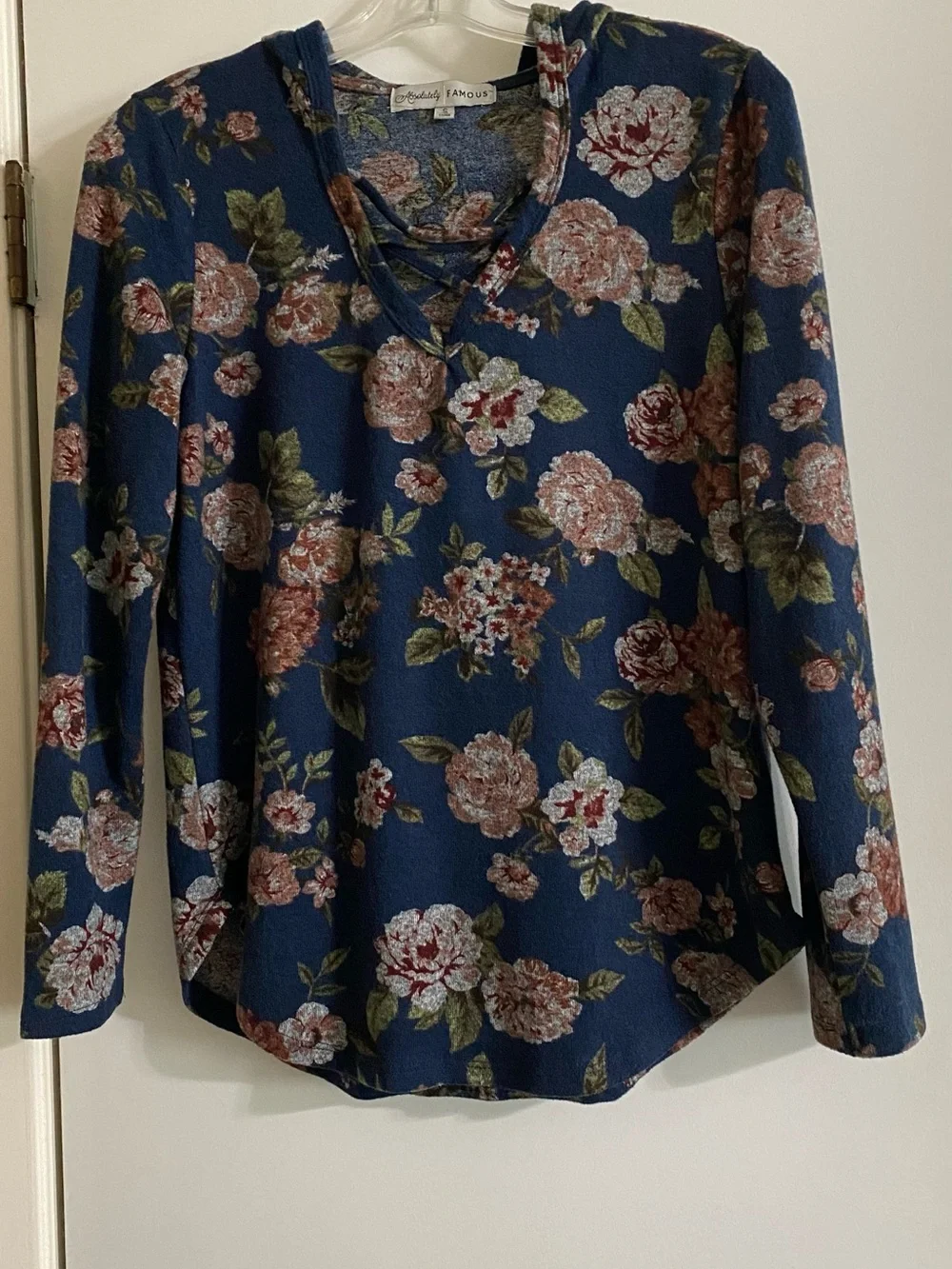 Absolutely Famous Navy Floral Lace-Up Long Sleeve Top - Picture 1 of 11